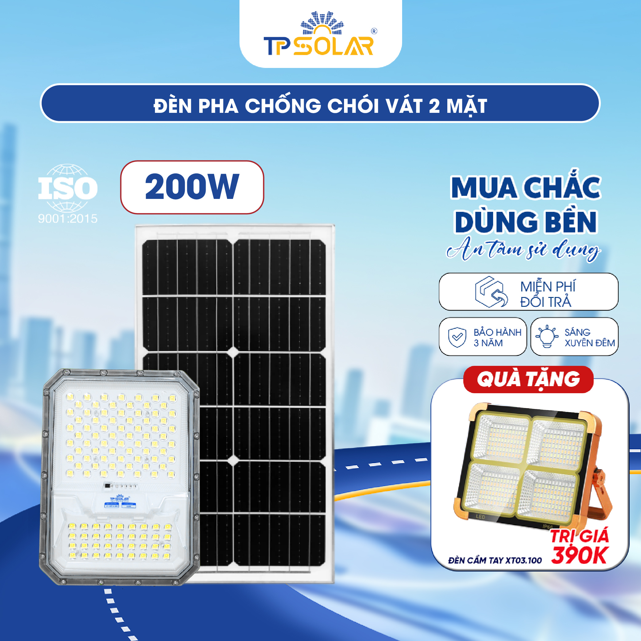 Đèn pha chống chói vát 2 mặt năng lượng mặt trời TP.DP12