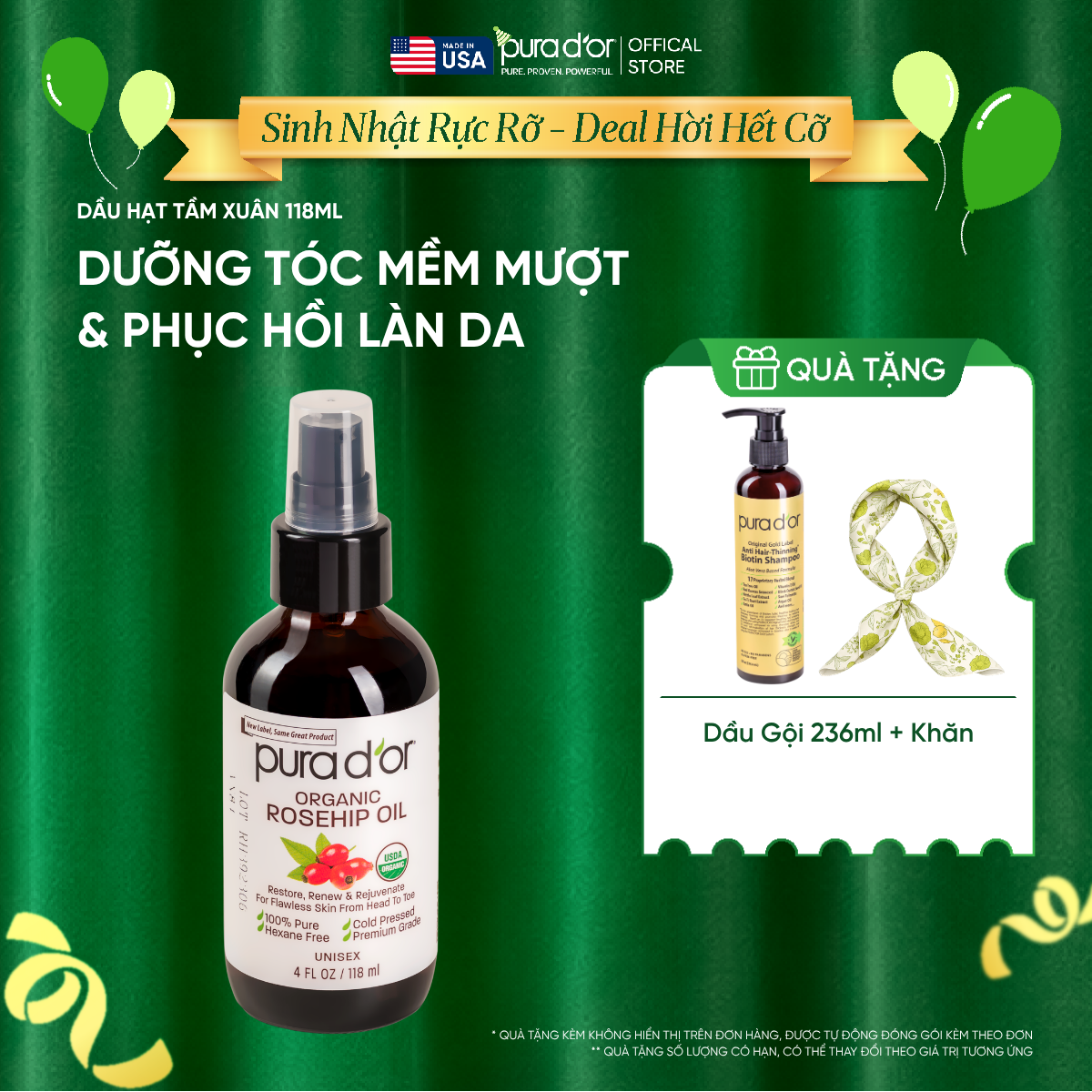 Dầu Hạt Tầm Xuân Nguyên Chất Hữu Cơ Pura D'or Organic Rosehip Seed Oil  – Giúp Phục Hồi Làn Da & Dưỡng Tóc Mềm Mượt 118ml