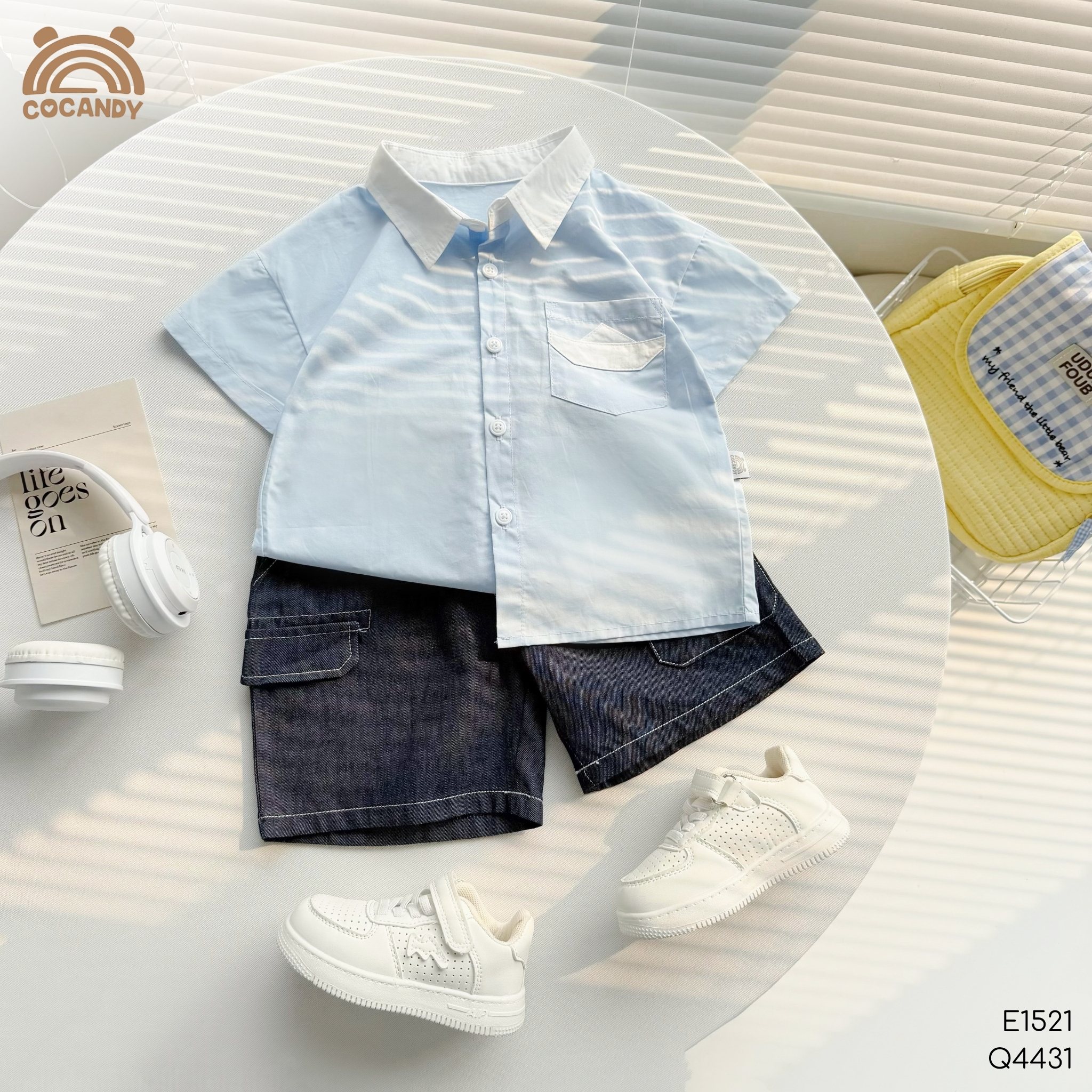 Áo cộc sơ mi XANH túi phối thuyền buồm