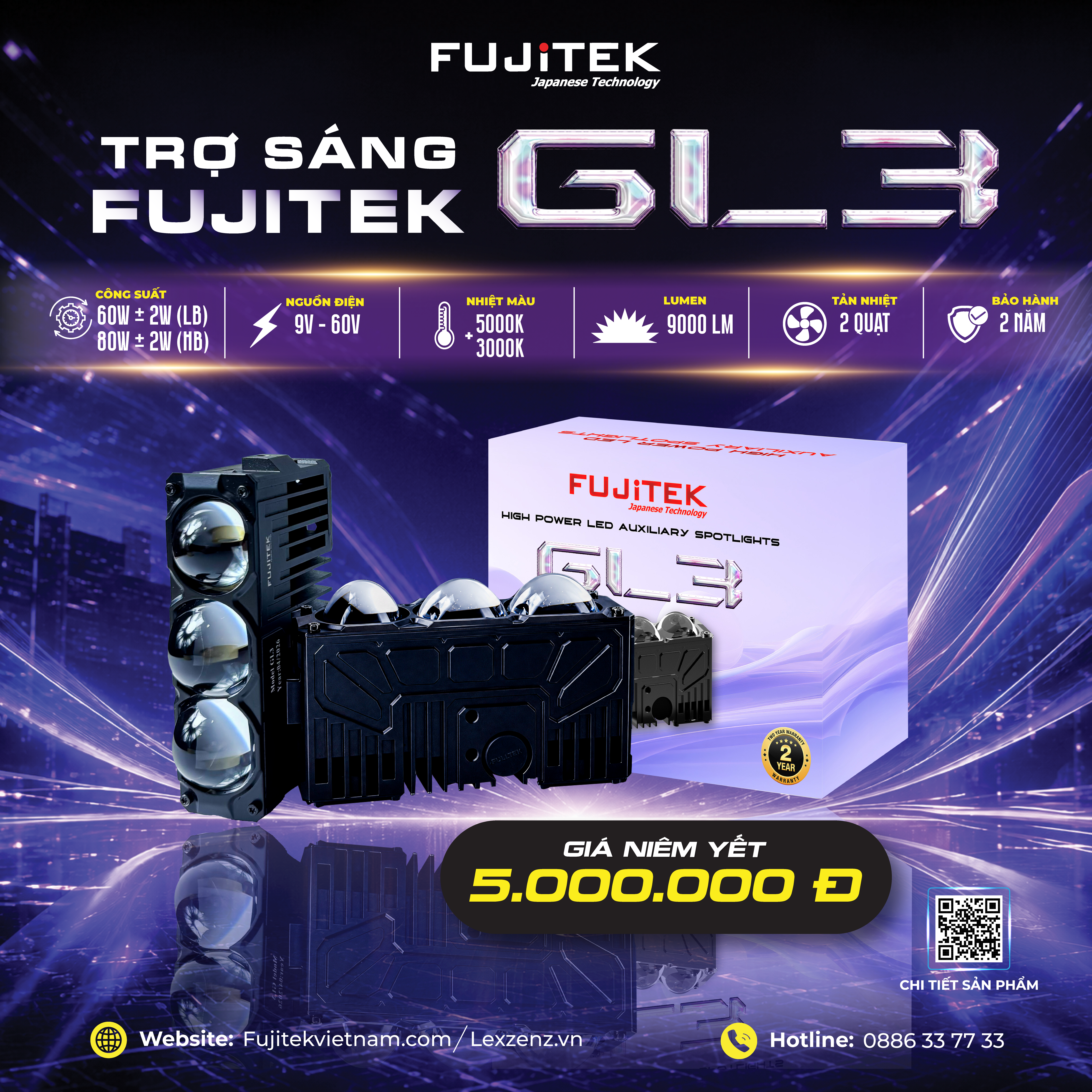 Đèn trợ sáng Fujitek GL3 nhiệt màu 5000K pha 3000K sáng rõ