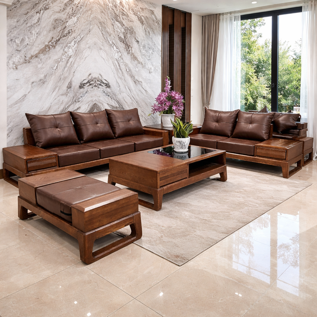 Sofa 2 văng chân quỳ màu nâu vàng, đệm màu cafe, gối rít
