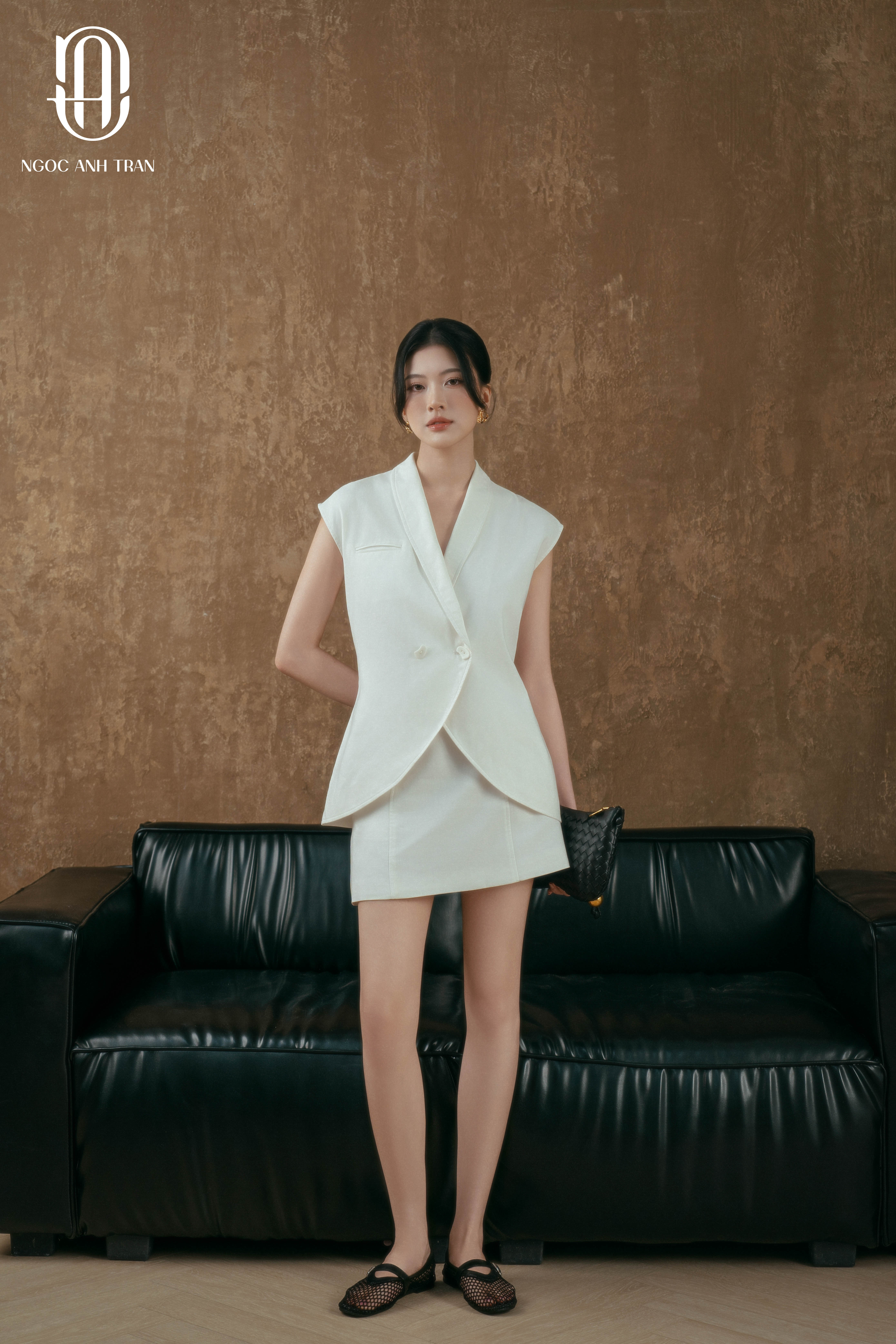 A268 - Set gile trắng đuôi tôm phối chân váy A linen trắng