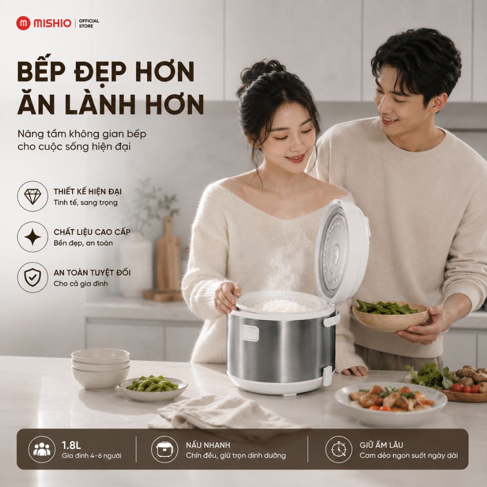 Nồi Cơm Điện Lòng Sứ Dung Tích 1.8 LÍT MISHIO MK402