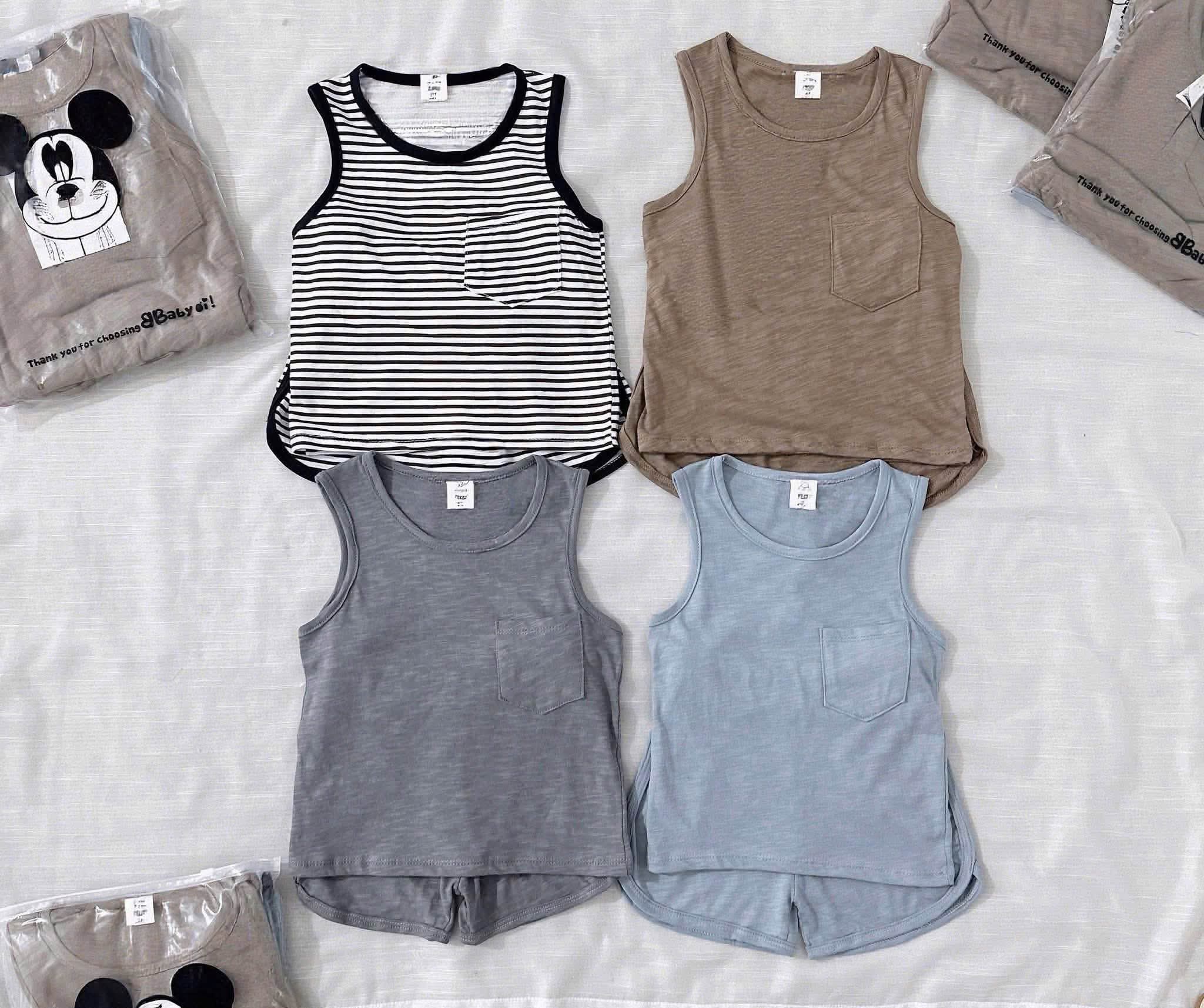 Set 4 bộ sát nách cotton kẻ trơn màu