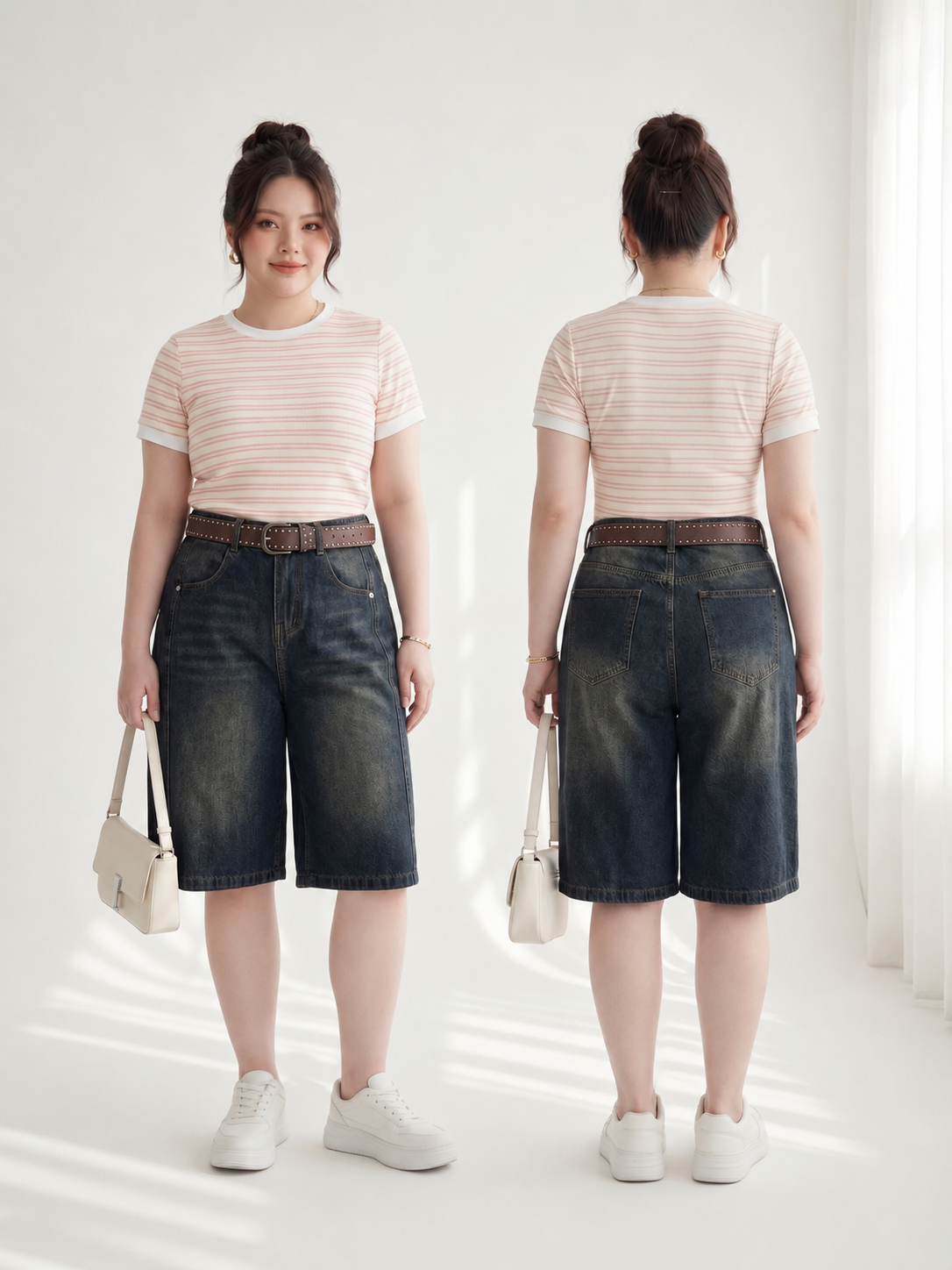Người mẫu mặc quần short jean lửng bigsize QSJ67 mặt trước và mặt sau