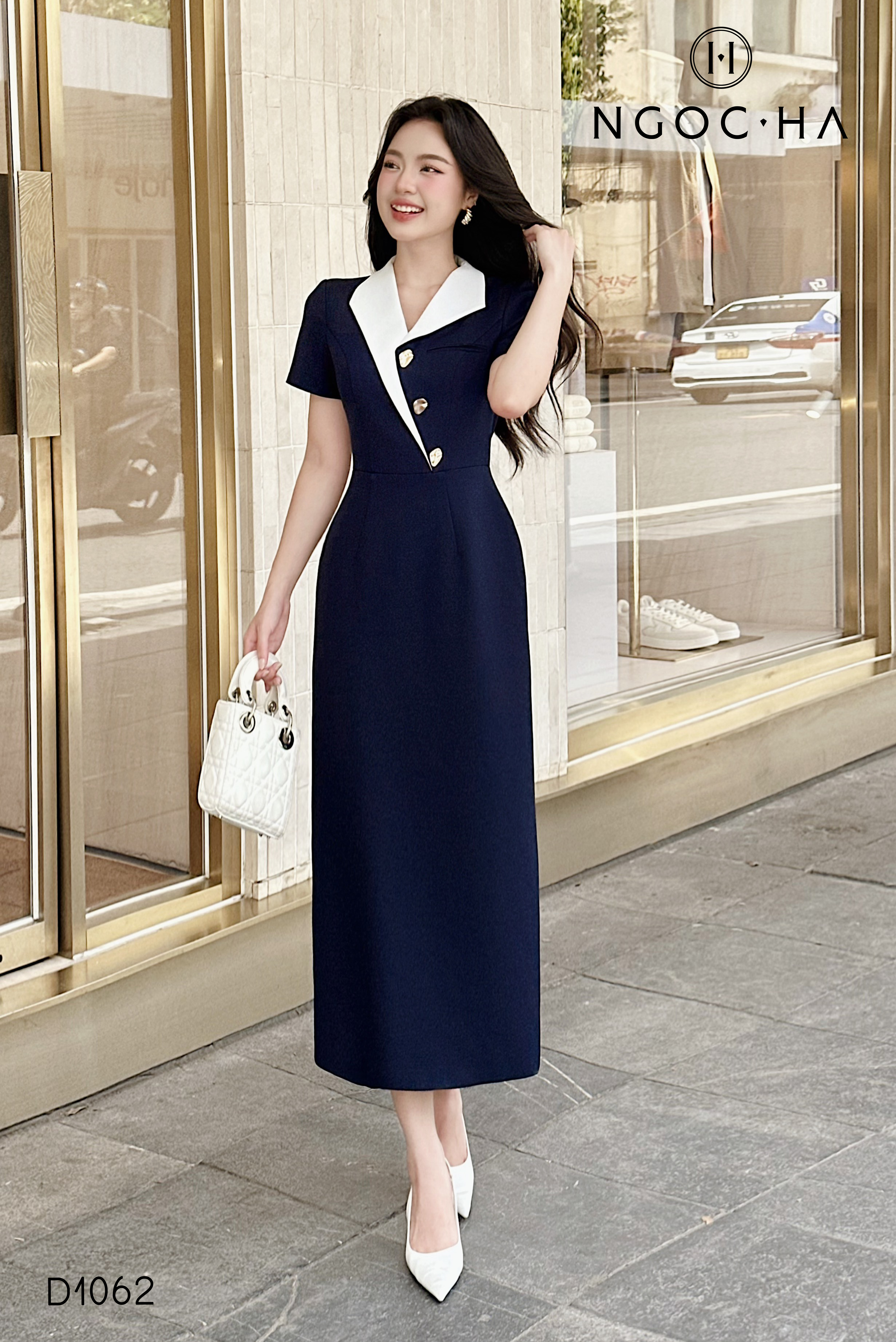 Destiny Dress_ Đầm Vest  Xanh Cổ Lệch Màu Trắng D1062_thumbnail_2