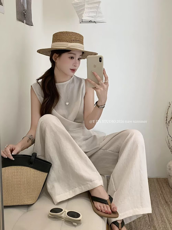 Set áo zile cổ tròn vạt đan + quần ống suông dáng dài YJIA_thumbnail_4