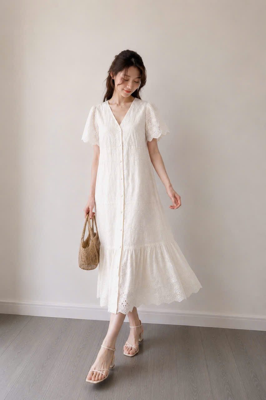 E579 ĐẦM SUÔNG REN KEM CỔ V CK