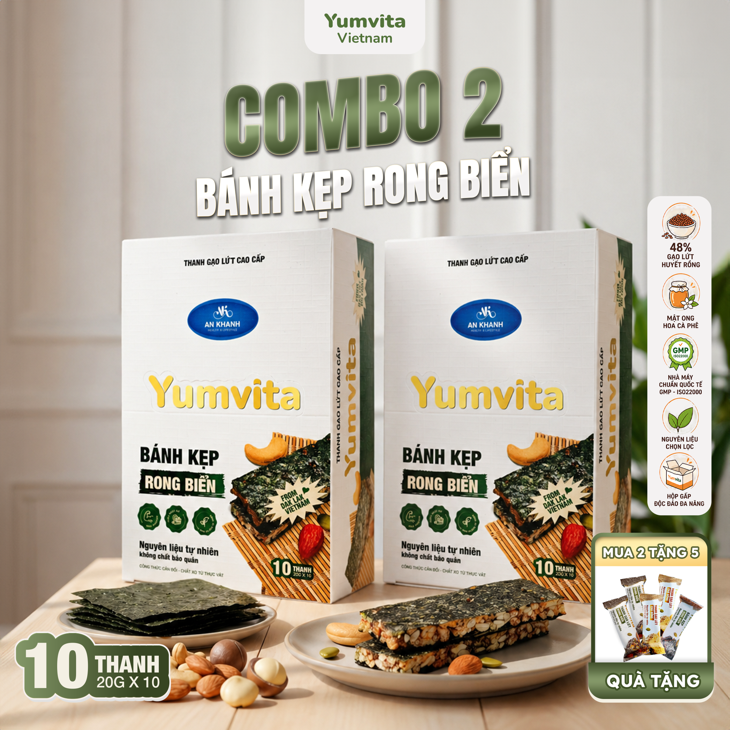 [COMBO 2 HỘP] Bánh Kẹp Rong Biển Yumvita - 2 Hộp 10 Thanh 200g Ăn Vặt Dinh Dưỡng Lành Mạnh