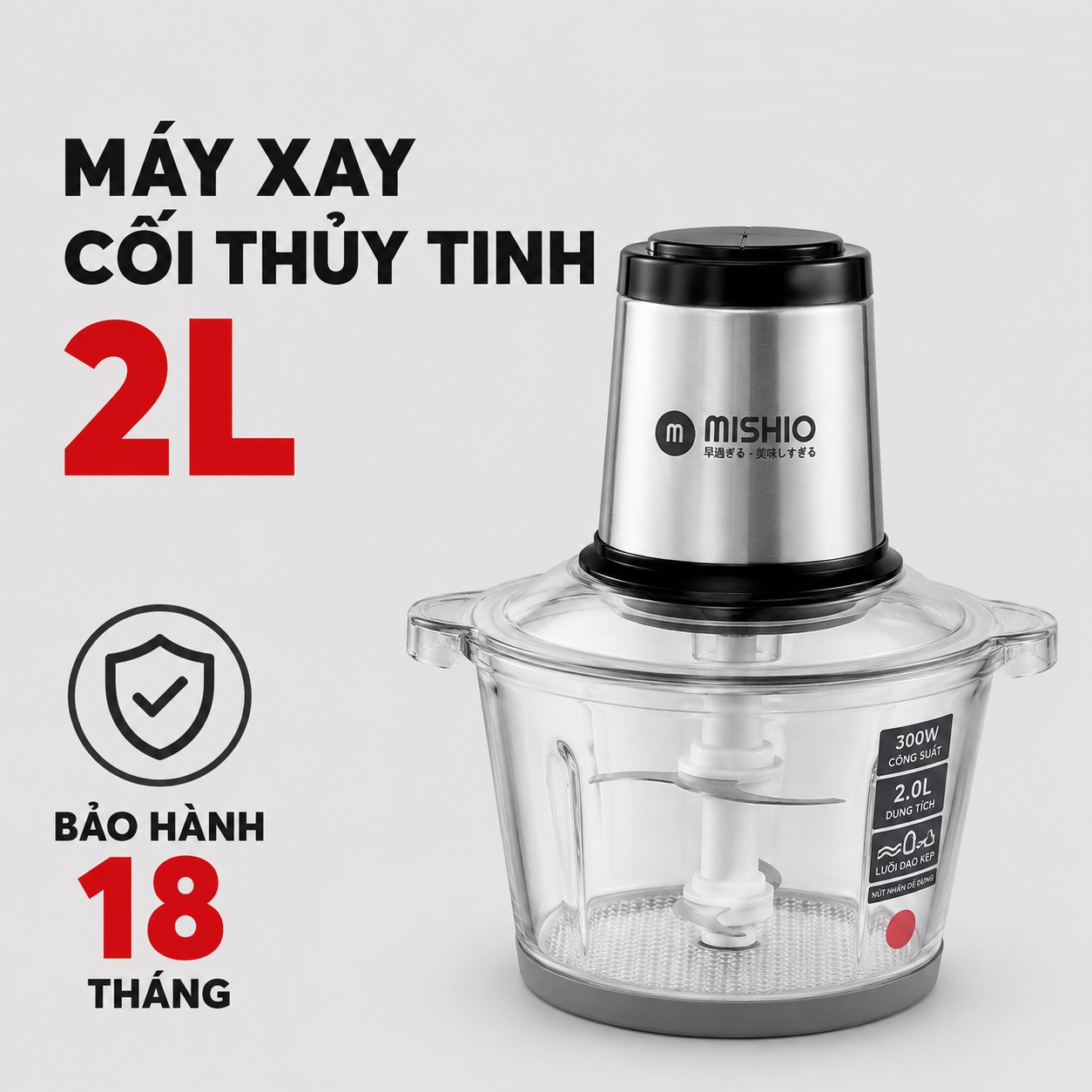 Máy xay thịt đa năng Mishio MK135 1,8L cối thủy tinh, motor đồng nguyên chất