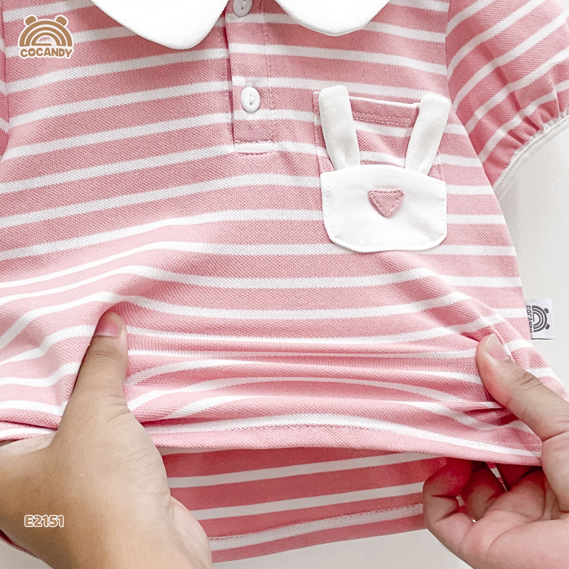 Áo cộc polo kẻ HỒNG phối túi thỏ_thumbnail_4
