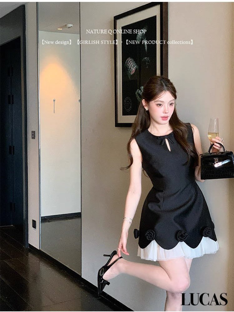 Váy zile khoét giọt lệ đính nơ gấu xòe A lót voan xếp + đính hoa nổi_thumbnail_3