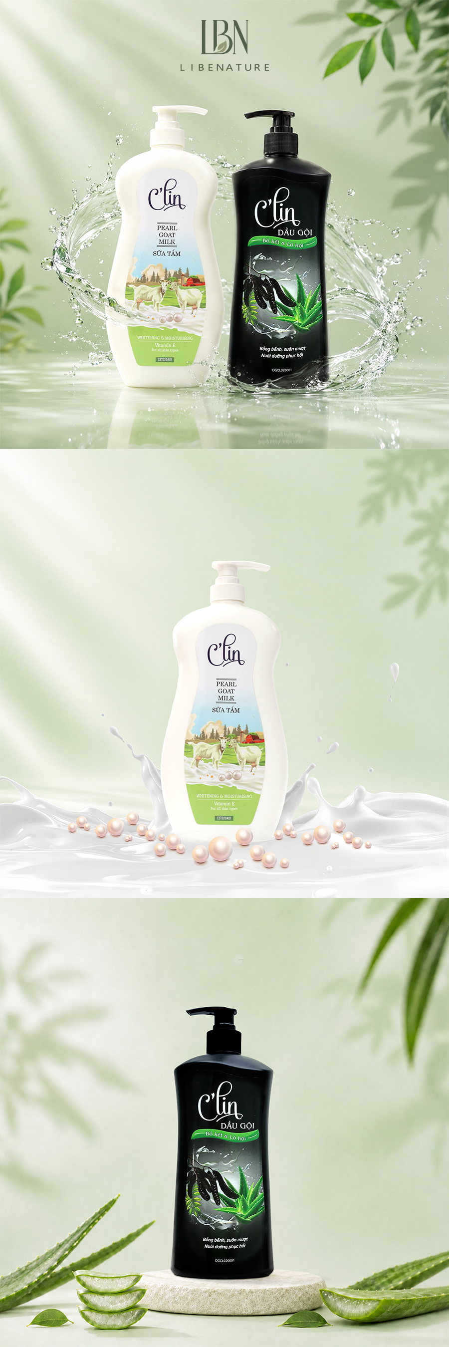 Combo Dầu gội C'lin Bồ kết & Lô hội 650ml & Sữa tắm C'lin Sữa dê ngọc trai 500ml