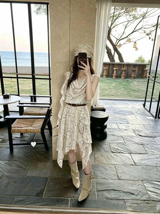Lucas - Váy zile cổ đổ bèo 1 bên gấu xéo + belt da bản lớn vintage_thumbnail_2