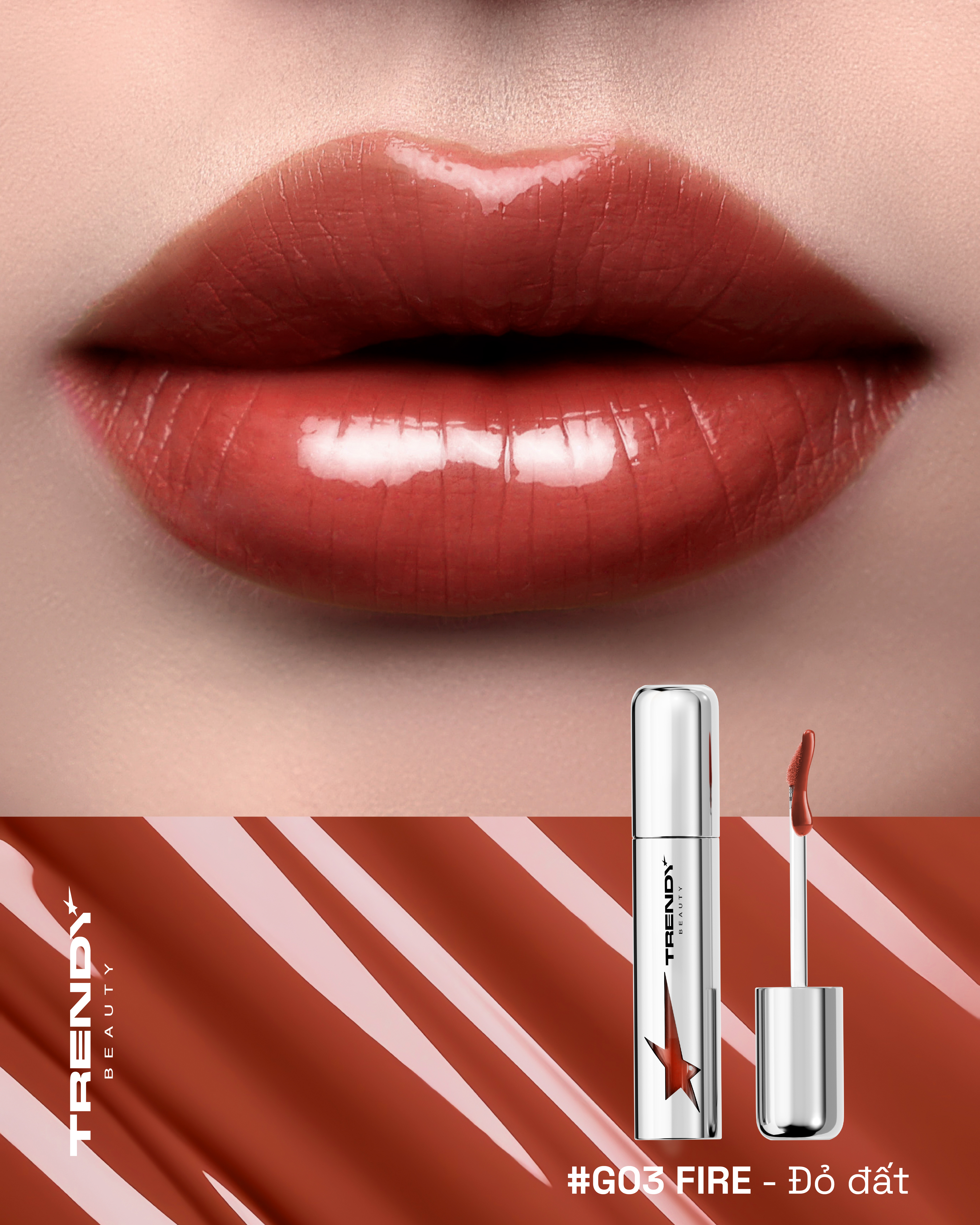 G03 Fire - Son bóng màu đỏ đất Trendy Beauty Lip Gloss Silver Shot
