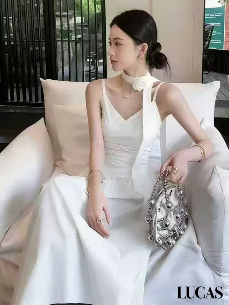 Váy 2 dây cổ tim chun eo, chân xòe + dây vải đính hoa trà_thumbnail_1