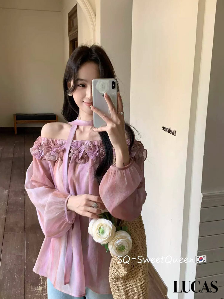 Áo sơ mi trễ vai bèo hoa ngang ngực dáng suông + đai vải_thumbnail_2