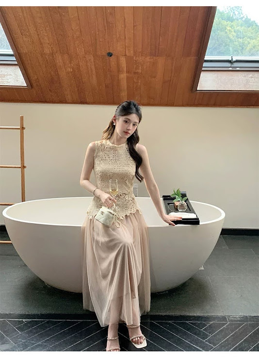 Lucas - Set áo zile ren hoa nổi + chân váy voan xòe dáng dài YJIA 3389_thumbnail_2