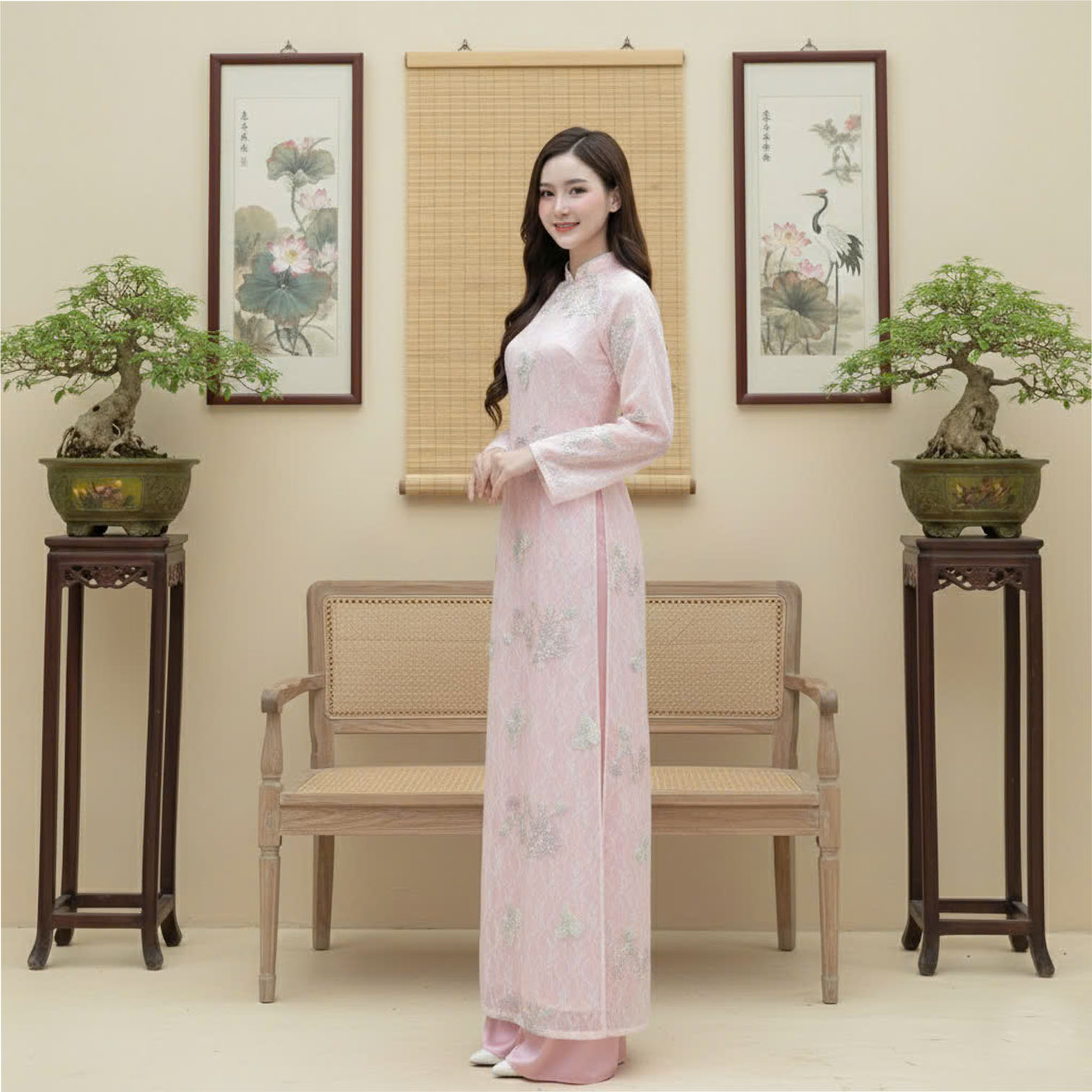 Áo Dài Cách Tân Nữ Đáng Suông Voan Thêu Mặc Tết N26-CT