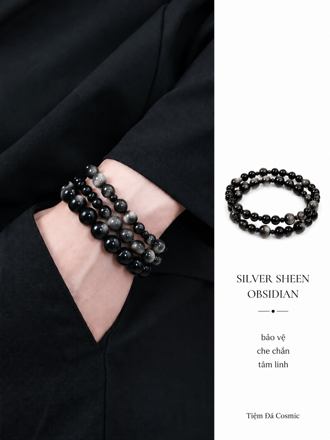 Vòng Đá Thủy Tinh Núi Lửa Ánh Bạc Silver Sheen Obsidian