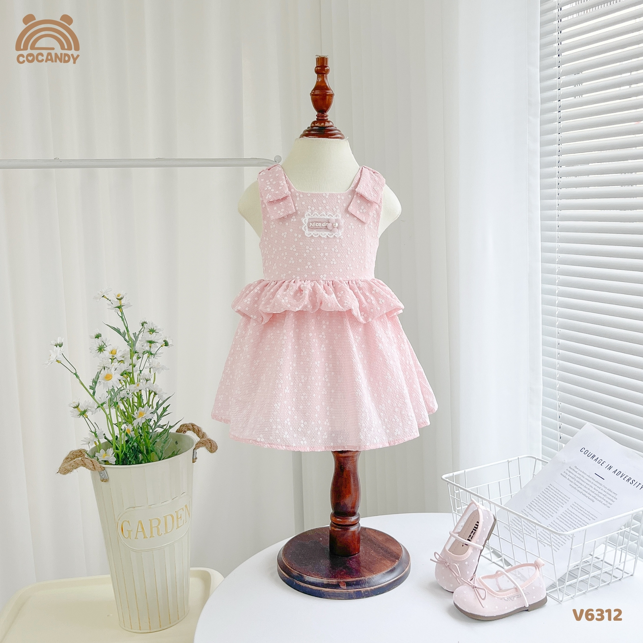 Váy 2 dây HỒNG nơ vai nhún eo tag hoa CCD