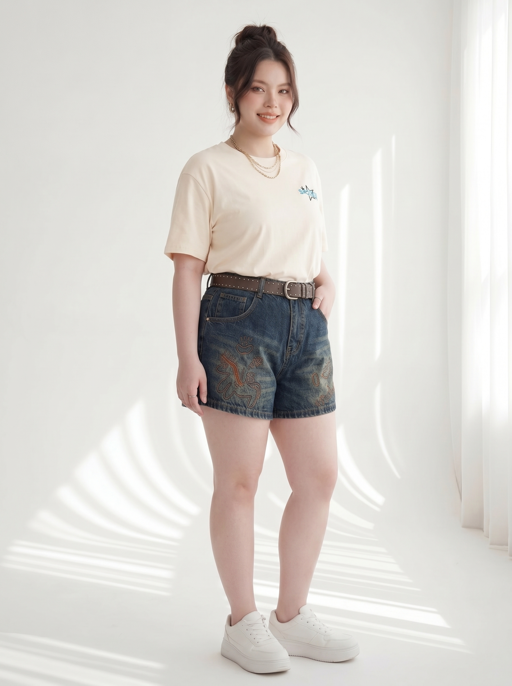 Quần Short Jean Lưng Thun Thêu Ngựa Bigsize Gọn Đùi - Xanh Jean - Vừa 55-90kg - T-QSJ1316_thumbnail_1