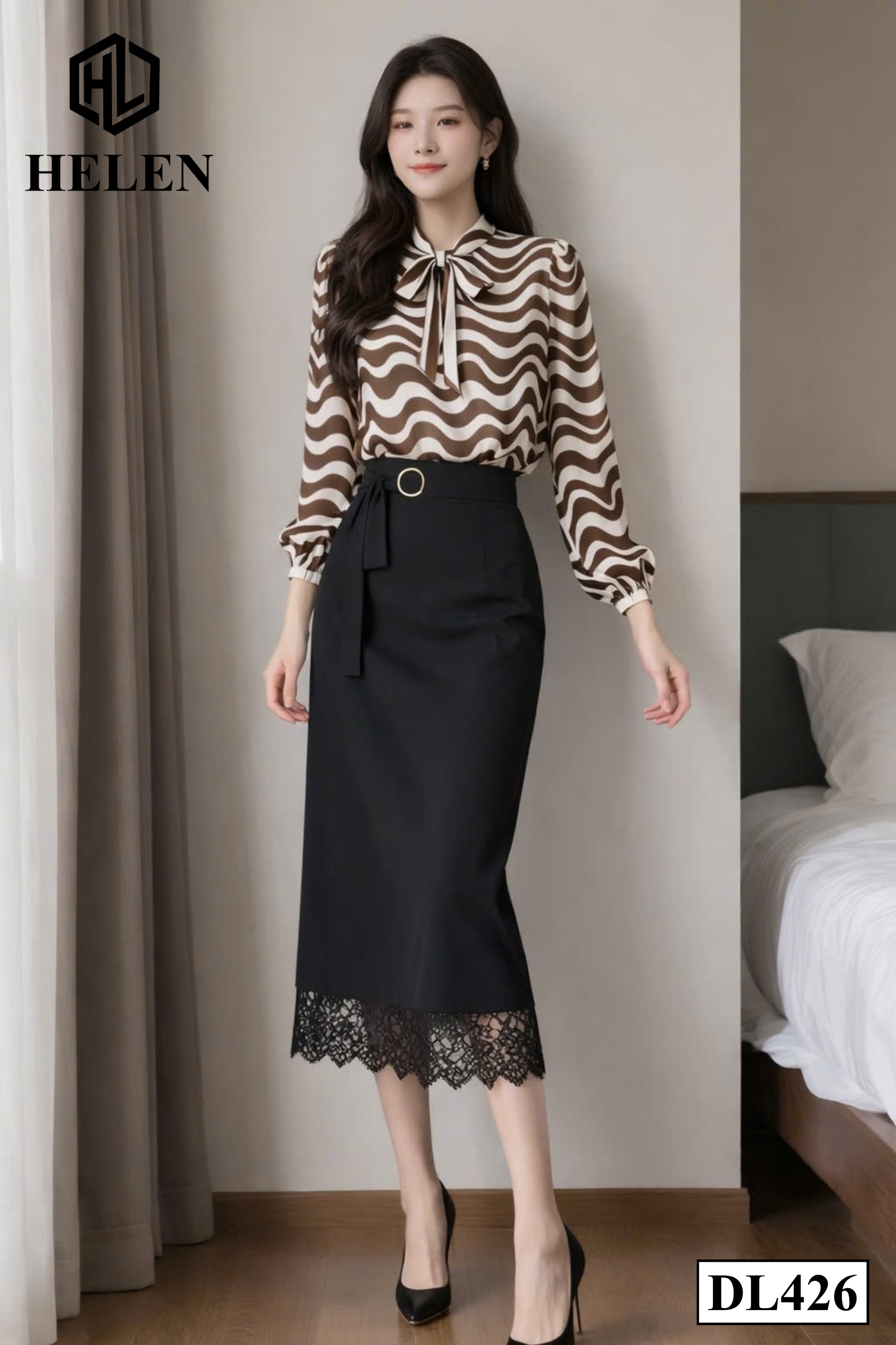 Đầm liền giả set kẻ nâu phối chân đen DL426