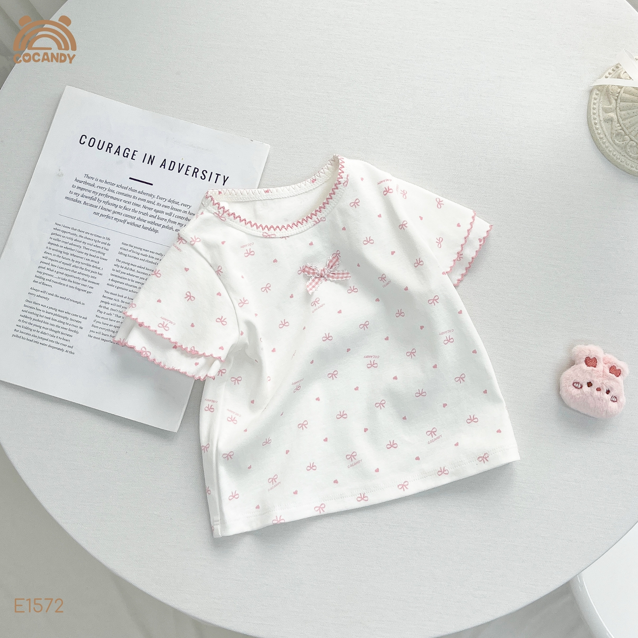 Áo cộc thun TRẮNG hình nơ bi HỒNG CCD