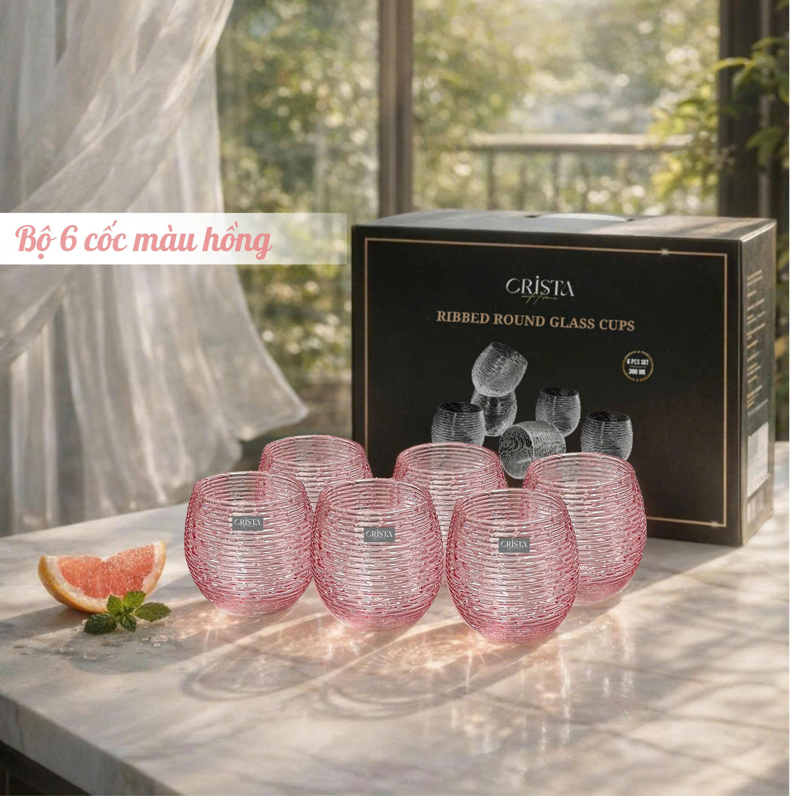 Set 6 cốc thủy tinh dáng bầu vân ngang 300ml Crista Home 60254_thumbnail_12