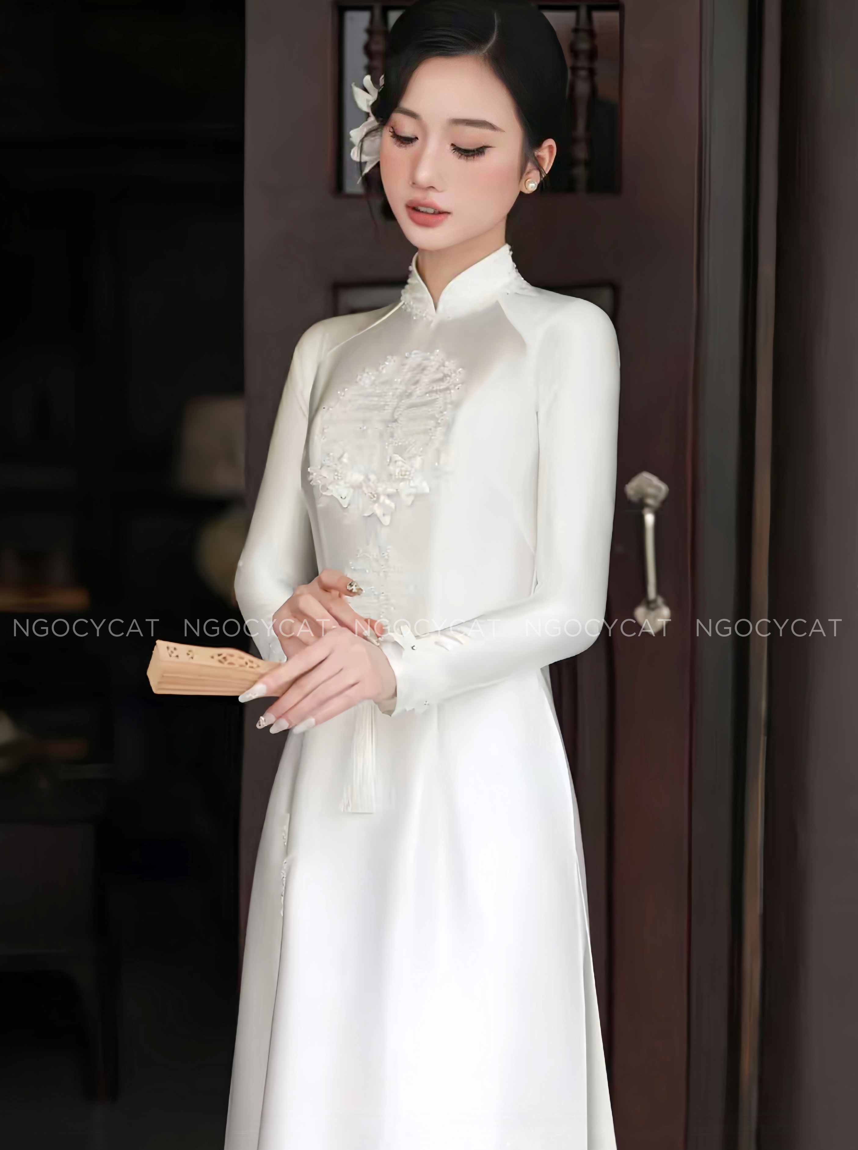 Áo Dài Dâu Rể Màu Trắng Hỷ Bách Hoa