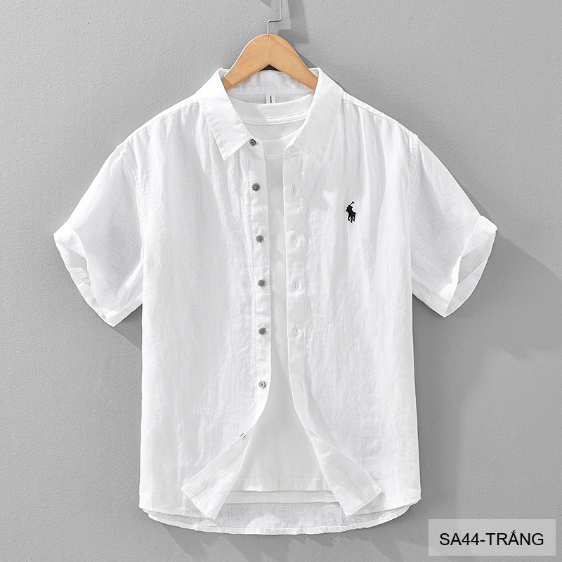 SA44 - Áo sơ mi nam tay ngắn vải lanh thoáng mát phong cách Nhật, cổ lật thêu logo nhỏ