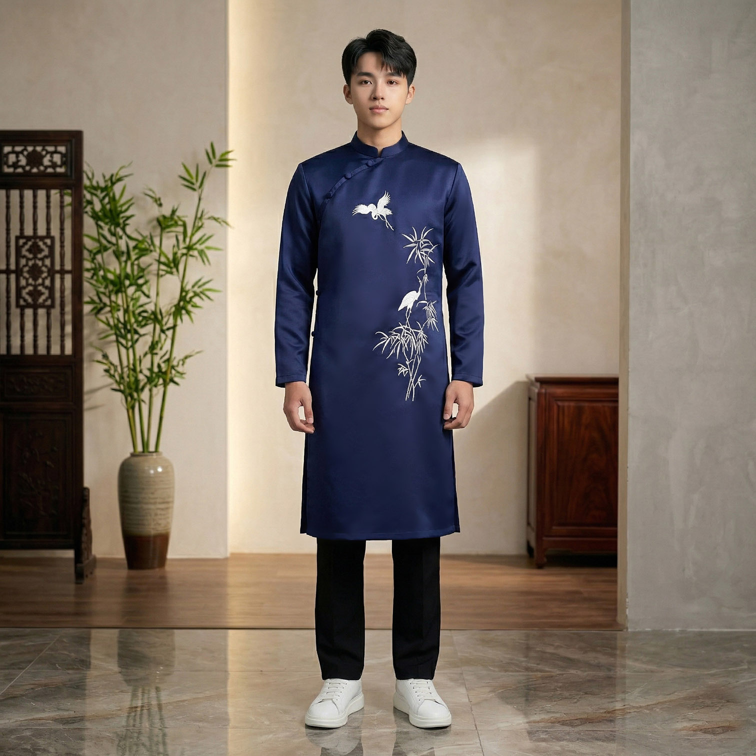 Áo Dài Nam Cách Tân Thêu Trúc Quân Tử - Vải Tafeta NA26-10_thumbnail_3