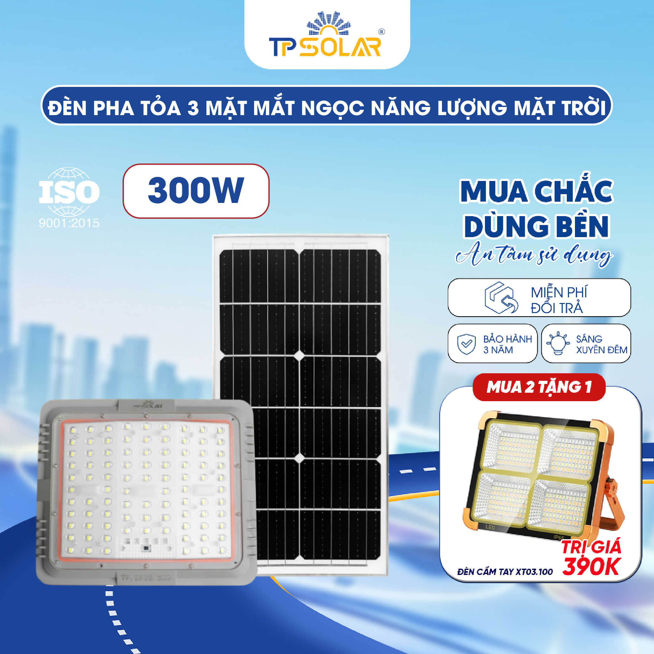 Đèn pha tỏa 3 mặt mắt ngọc năng lượng mặt trời