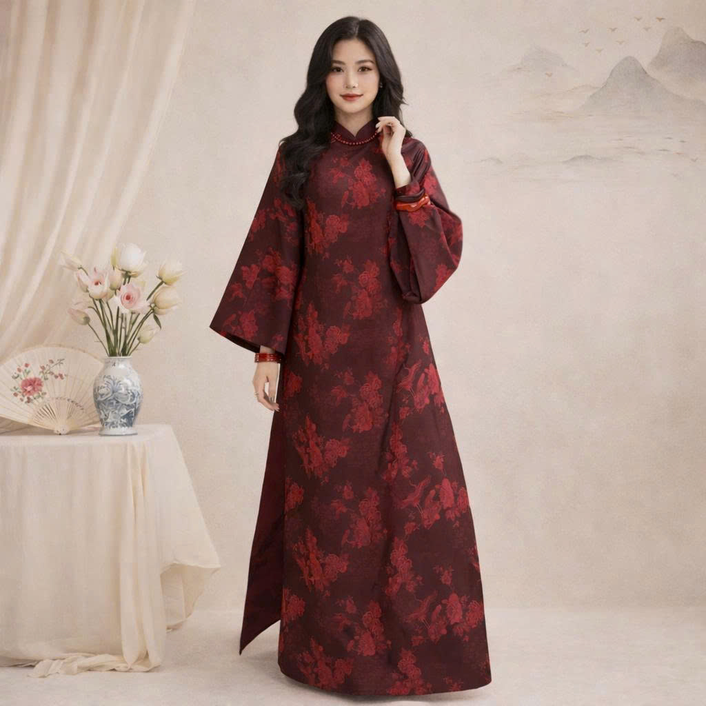 Áo Dài Cách Tân Nữ Dáng Suông - Gấm Tơ Họa Tiết- Trẻ Trung CT26-02_thumbnail_2