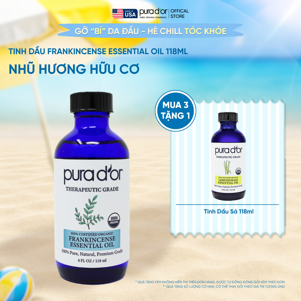 Tinh Dầu Nhũ Hương Hữu Cơ Pura D'or Therapeutic Grade Frankincense Essential Oil 118ml