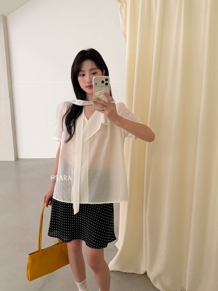Lucas - Áo sơ mi cộc tay vải voan tơ cổ tim + dây lụa_thumbnail_7