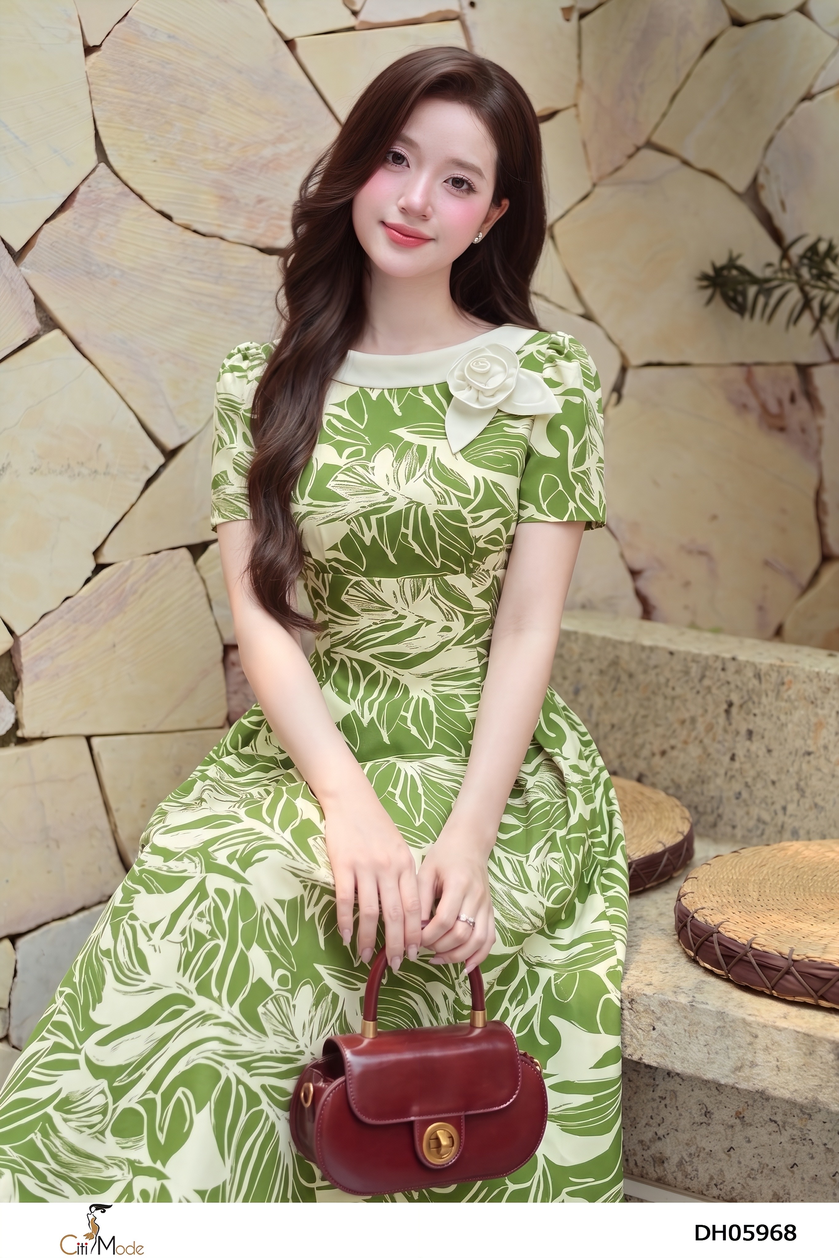Đầm xòe hoa xanh cổ phối trắng kem hoa tay ngắn_thumbnail_3