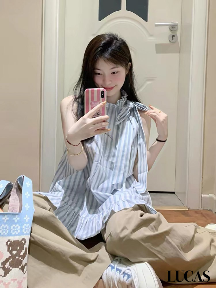 Áo sơ mi thô yếm sọc cổ dựng nơ cổ 1 bên nối gấu xòe WGWE_thumbnail_1