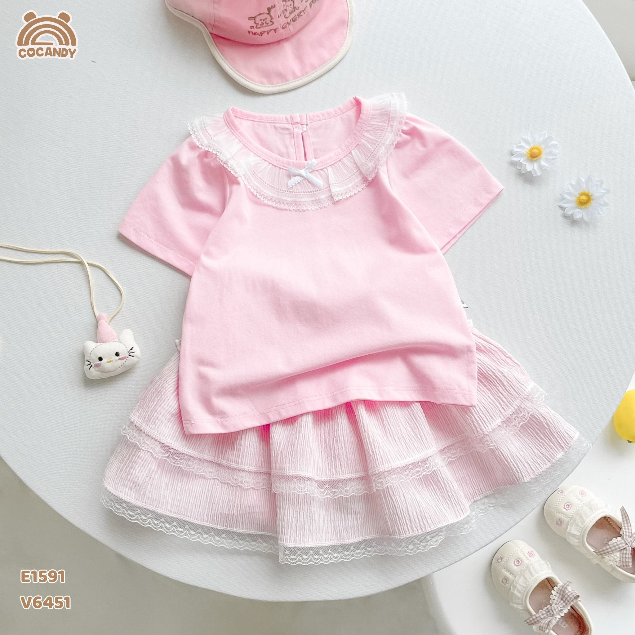 Áo cộc cotton HỒNG nhún bèo cổ phối nơ