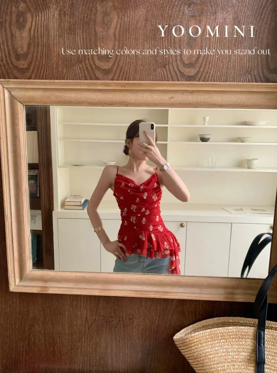 Lucas - Áo sơ mi 2 dây hoa voan cổ đổ rúm thân gấu bèo 2 tầng vạt lệch 1 bên_thumbnail_2