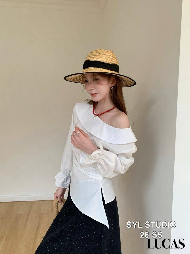 Áo sơ mi lệch vai SYL STUDIO vạt chéo sẻ 1 bên chun cổ tay loe_thumbnail_10