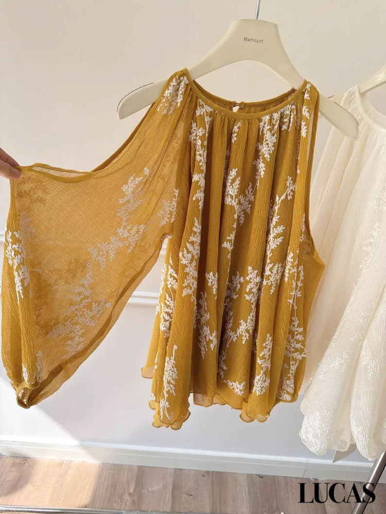 Áo sơ mi voan thêu hoa trắng cổ tròn dáng suông tay bồng cut out vai_thumbnail_1