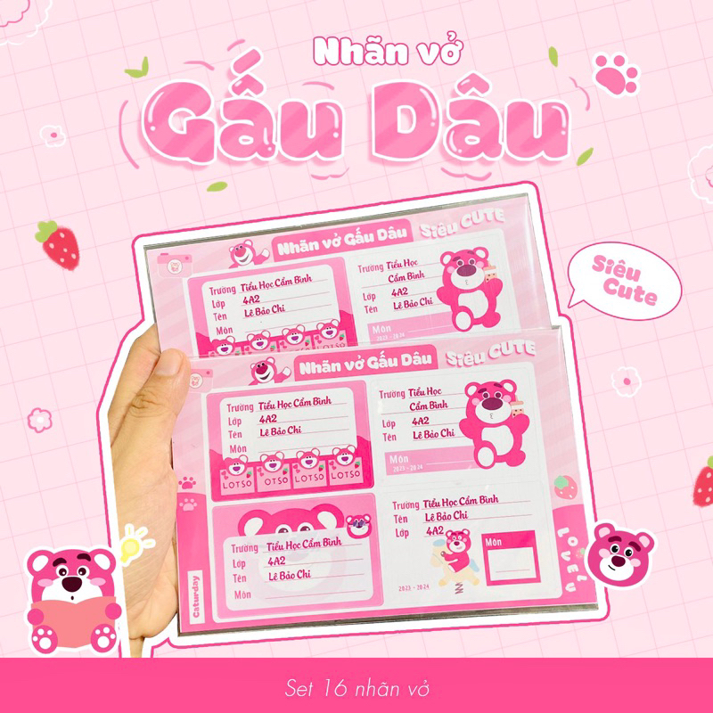 (In tên theo yêu cầu) SET 24 NHÃN VỞ Gấu dâu Lotso, Capybara, Kuromi, Totoro, Doraemon, nhiều mẫu siêu cute khác