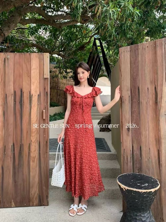 Lucas - Váy hoa nhí cổ tim viền bèo chân xòe buộc nơ_thumbnail_2