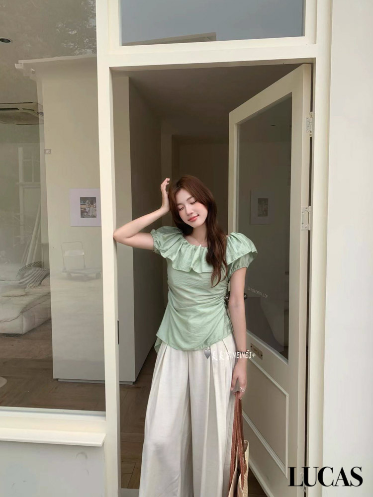 Áo sơ mi trễ vai bèo ngực rúm eo, bèo lệch 1 bên