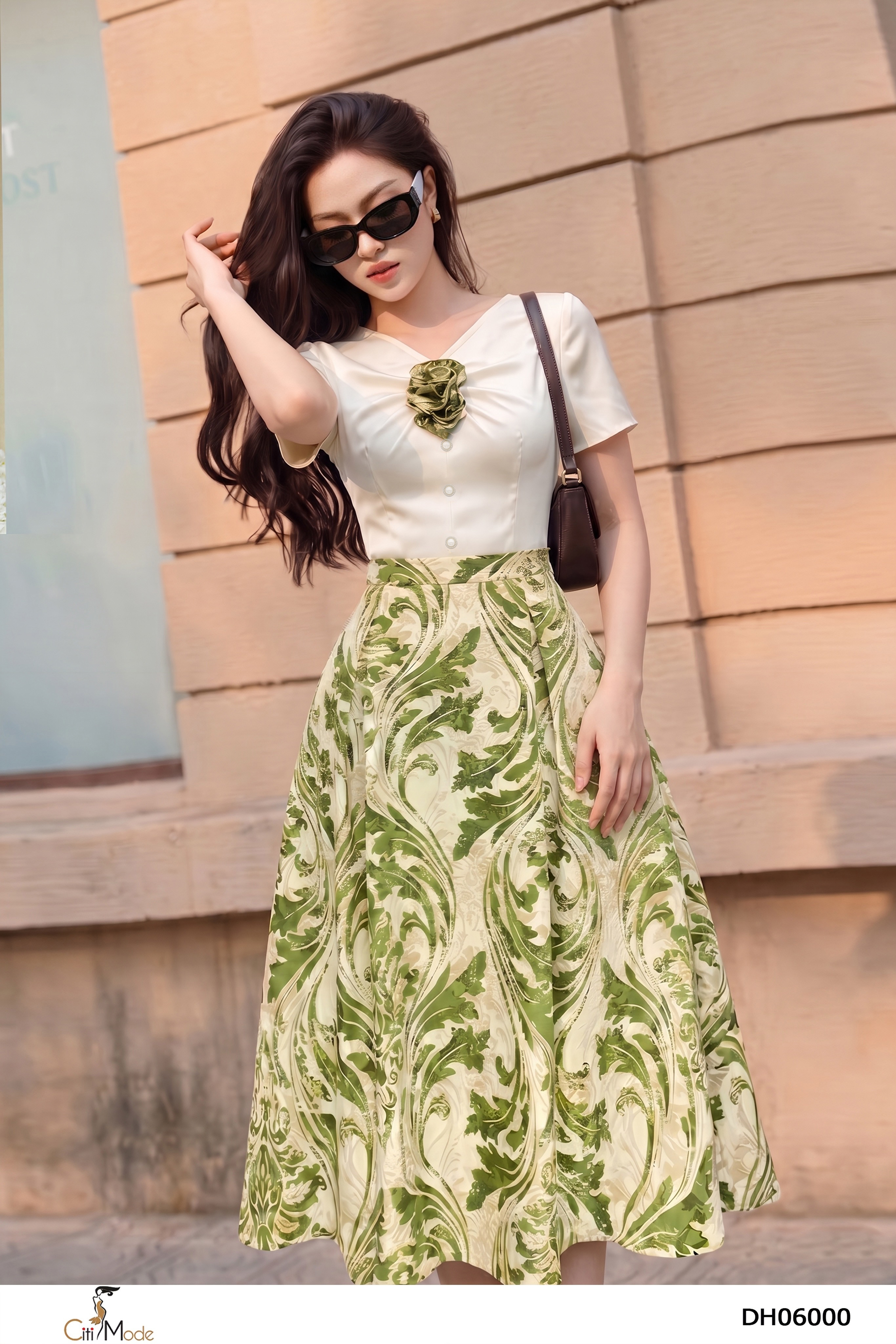 Đầm xòe họa tiết xanh phối trắng kem ngực nhún cổ V tay ngắn_thumbnail_3