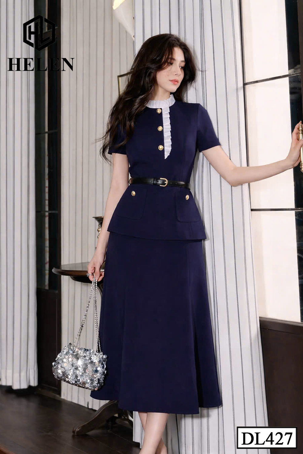 Đầm liền giả set xanh than cổ nhún trắng tay cộc DL427_thumbnail_2