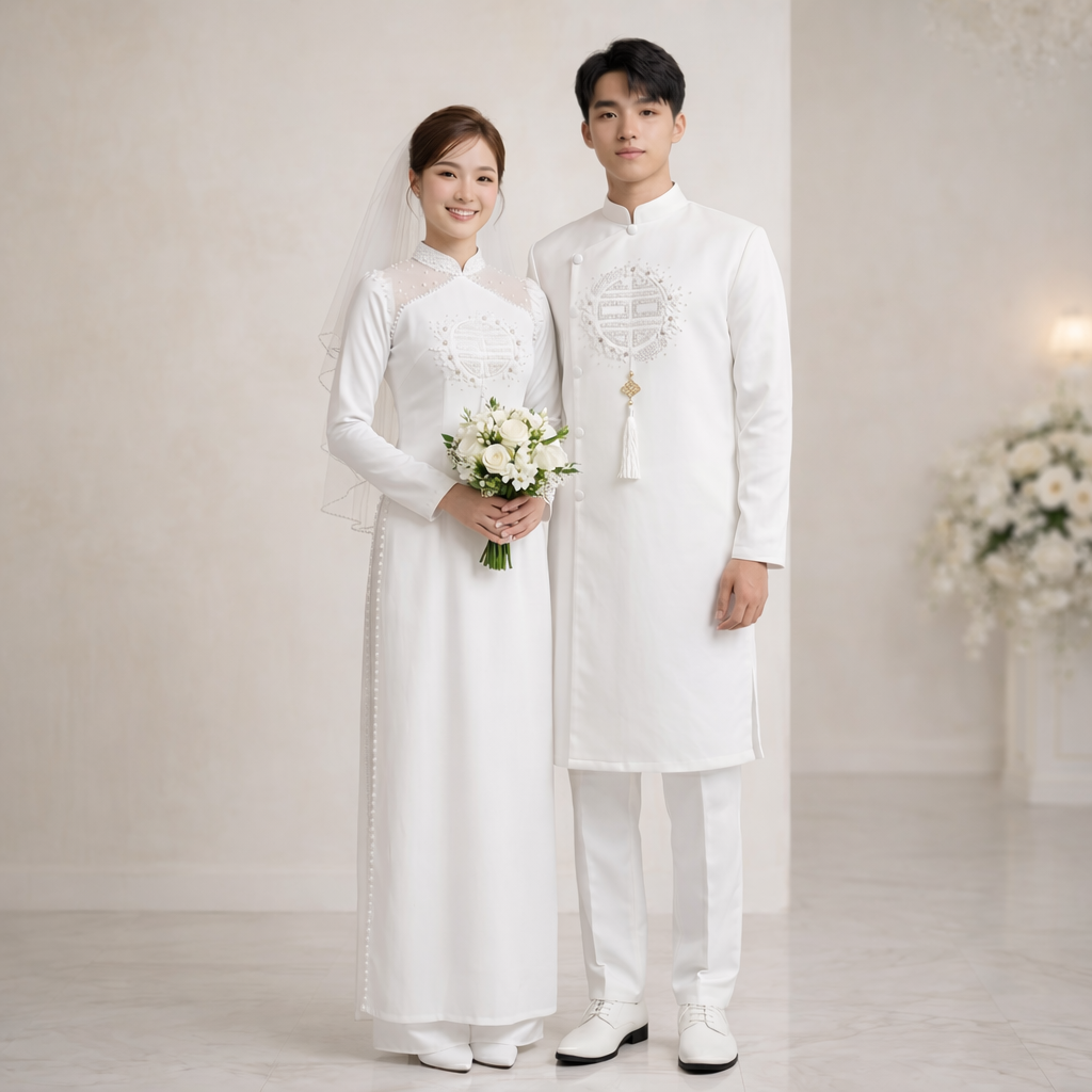 Áo Dài Cặp Cô Dâu Chú Rể Cưới Hỏi - Màu Trắng Sang Trọng CH26-03_thumbnail_7