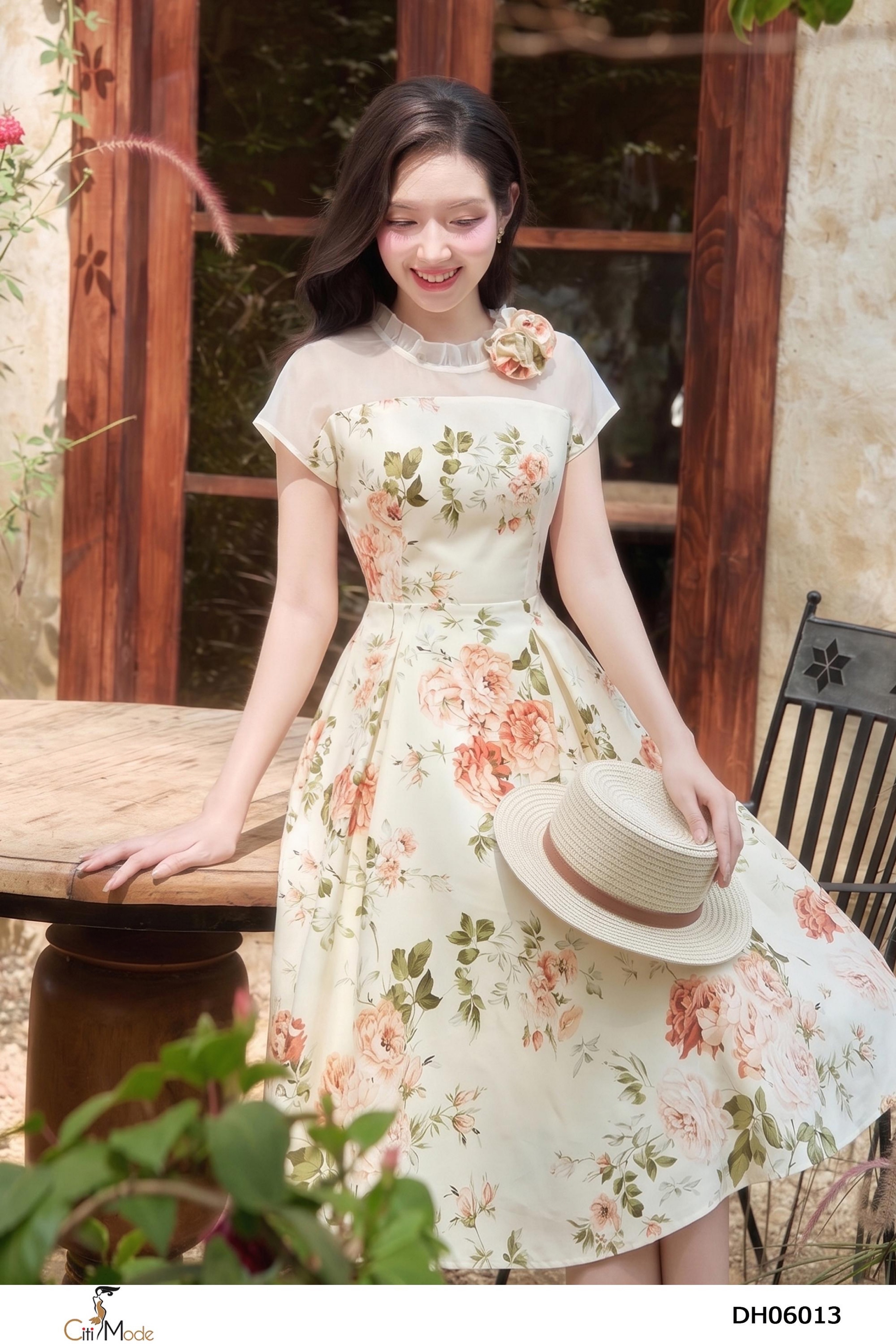 Đầm xòe kem hồng cam nổi 3D cổ nhún tay chờm_thumbnail_3