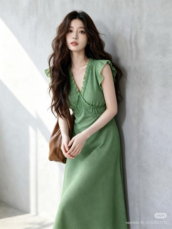 Lucas - Váy cổ tim viền ren chéo ngực tay hến bèo chân xòe dáng dài_thumbnail_5
